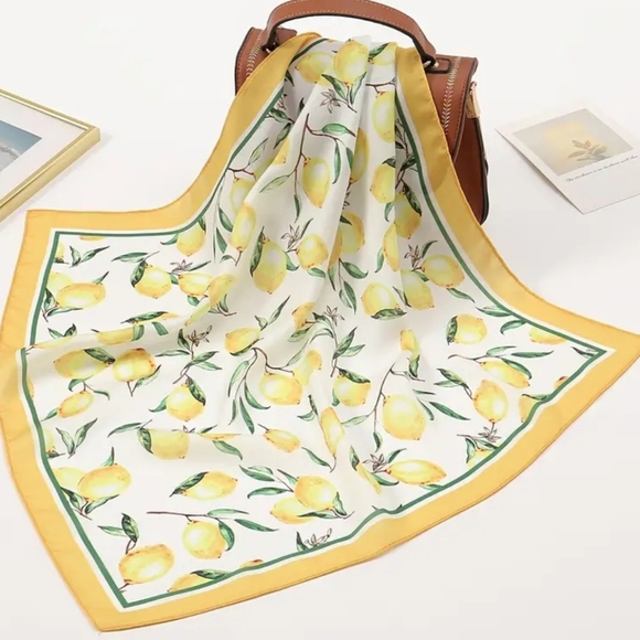 New! Chic Yellow Lemon Print Scarf – Lightweight & Stylish Square Wrap - Picture 10 of 12